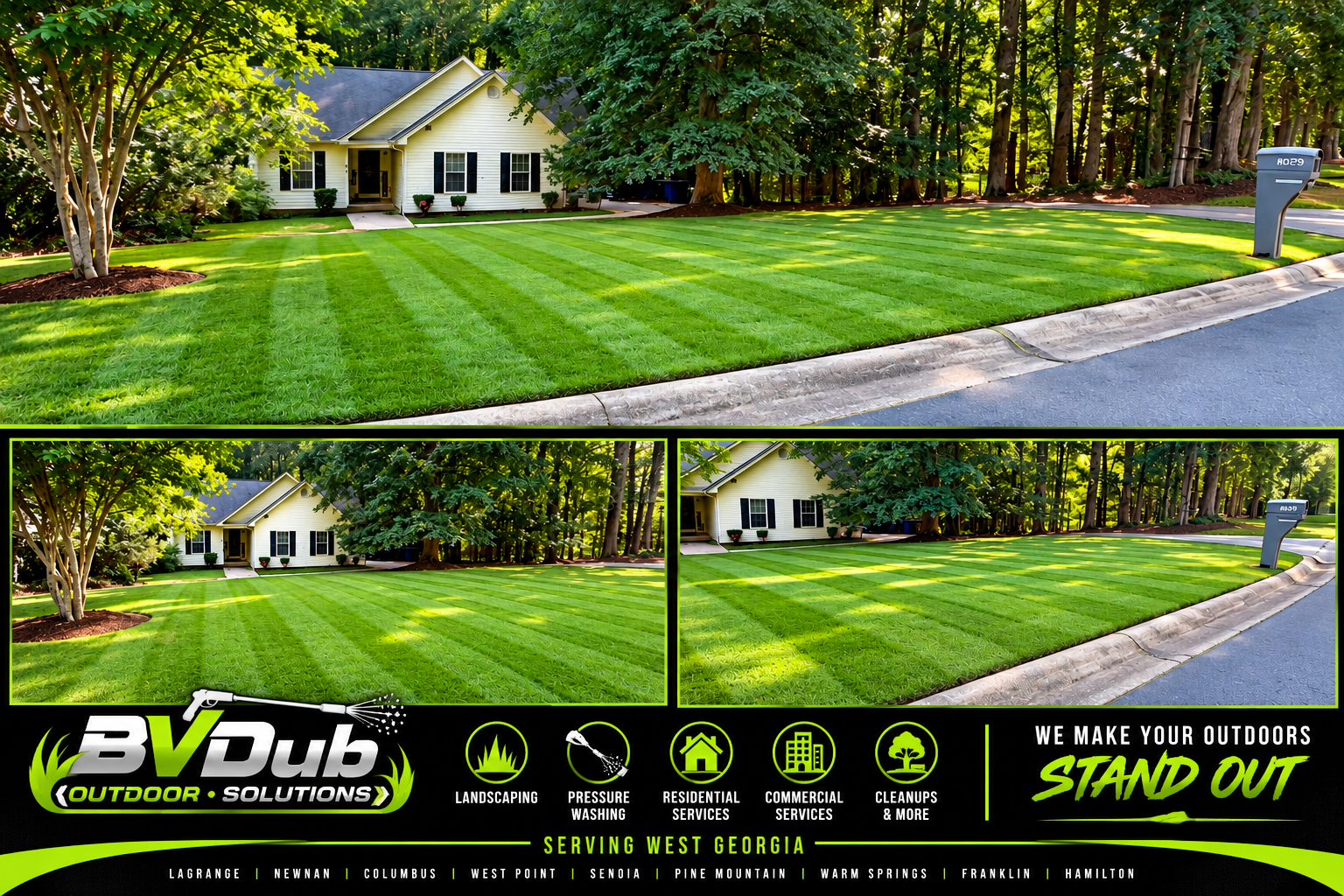 BVDub Outdoor Solutions real residential mowing and property maintenance work in West Georgia